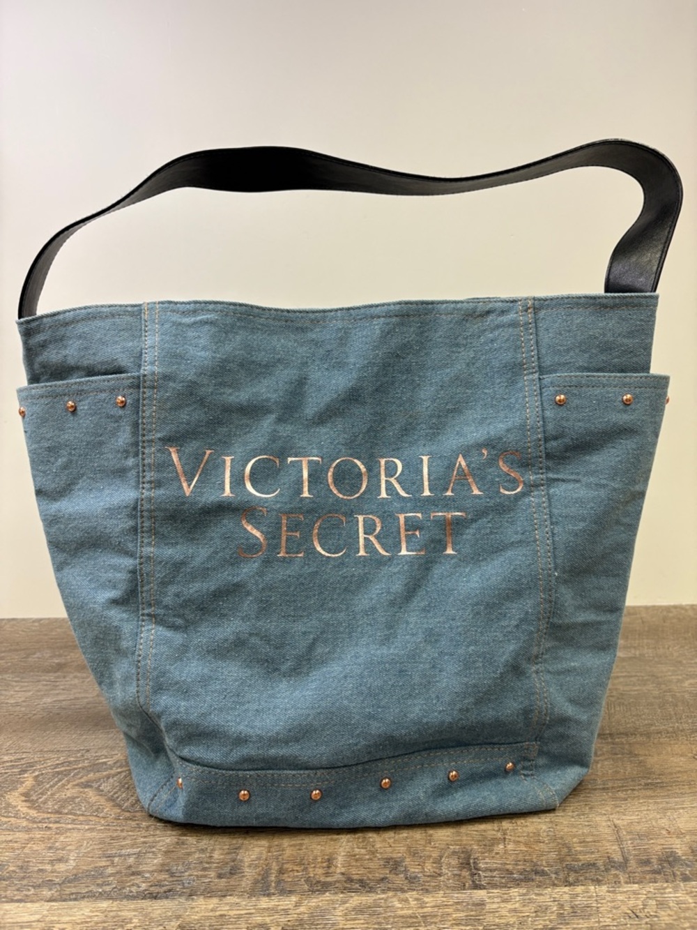 Victoria’s Secret Denim Tote Bag Studded Logo Shoulder Bag Blue Large Carryall